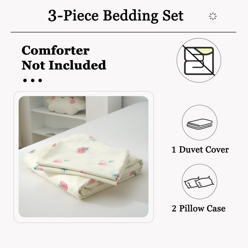 DREAMINGO Cute Strawberry Duvet Cover Twin Kids Girls Bedding Set Kawaii Bedroom Decor Cotton Quilt Cover with Zipper Lightweight 3 Piece Bed Set with 2 Pillow Cases, Cream White - Image 2